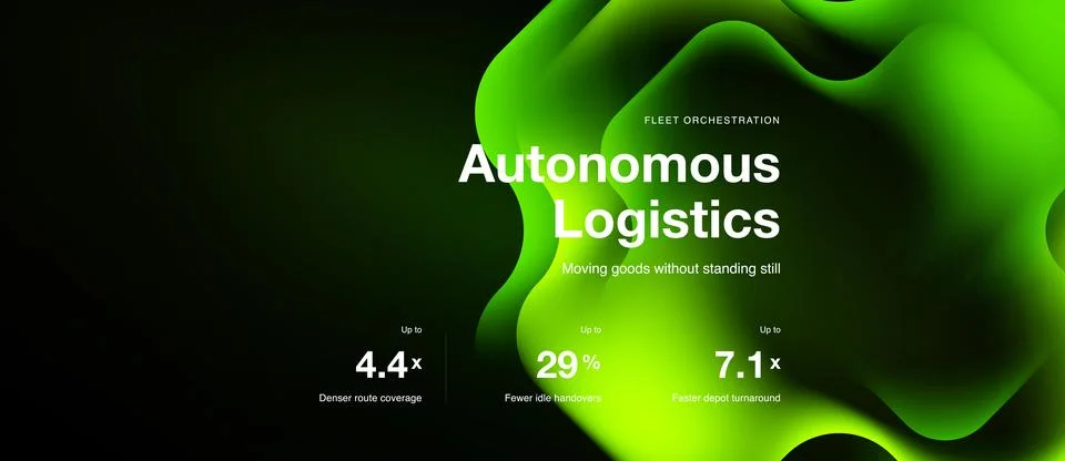 Dark background features abstract green shapes. Text highlights autonomous Stock Illustration