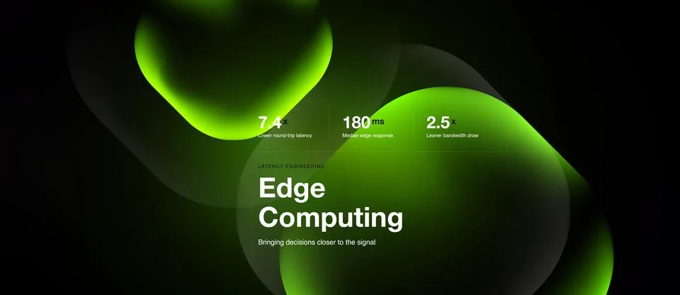Dark background features abstract green shapes, text highlights edge computin Stock Illustration