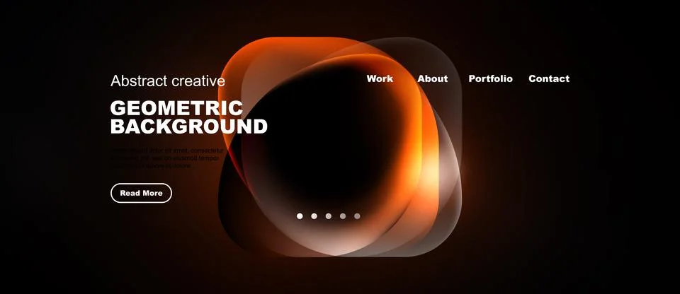 Dark background features abstract orange shapes, text elements, navigation .. Illustrazione stock