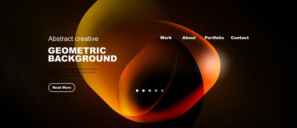 Dark background features abstract orange shapes, text elements, navigation .. Stock Illustration