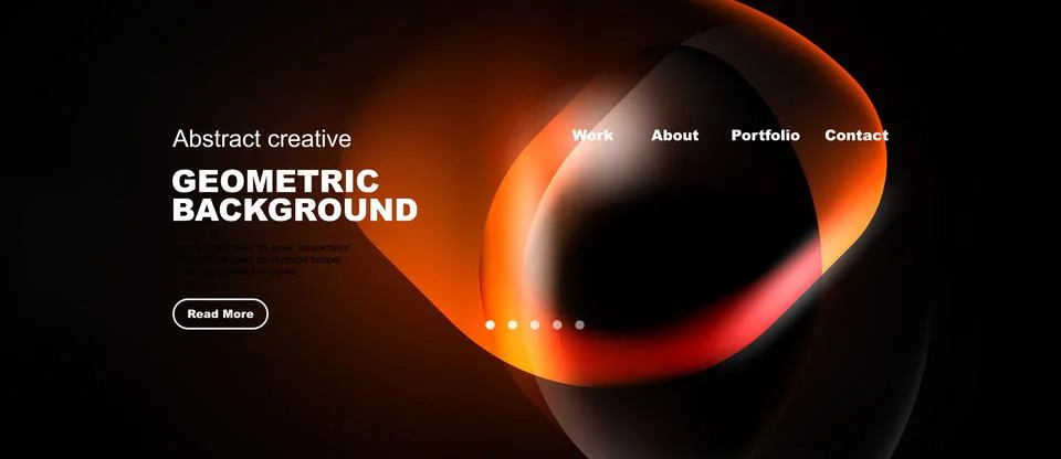 Dark background features abstract orange shapes, text elements, navigation .. Stock-Illustration