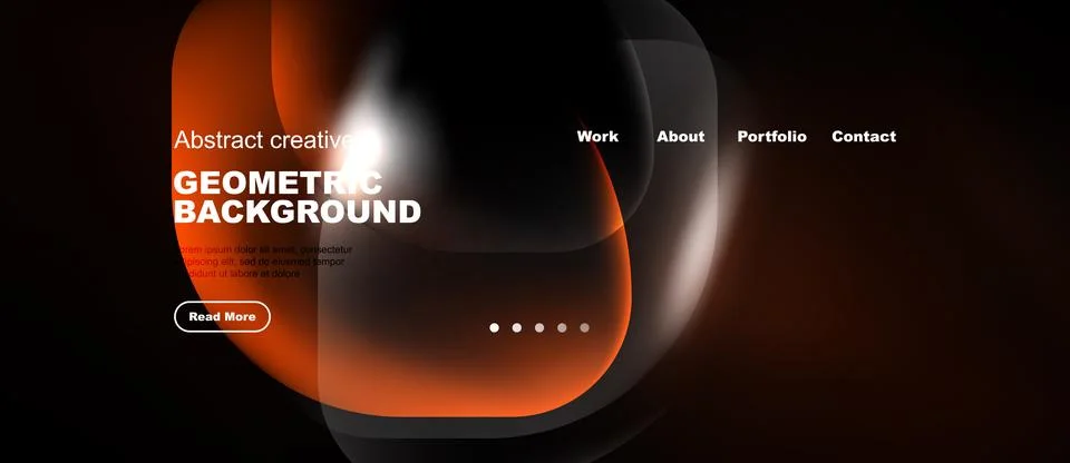 Dark background features abstract orange shapes, text elements, navigation .. Stock Illustration
