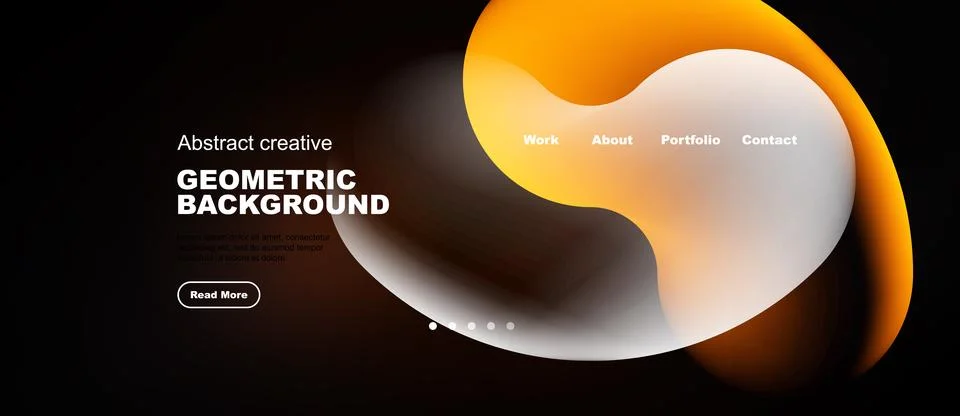 Dark background features abstract orange shapes, text elements, navigation .. Stock Illustration