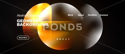 Dark background features abstract orange shapes, text elements, navigation .. Illustrazione stock
