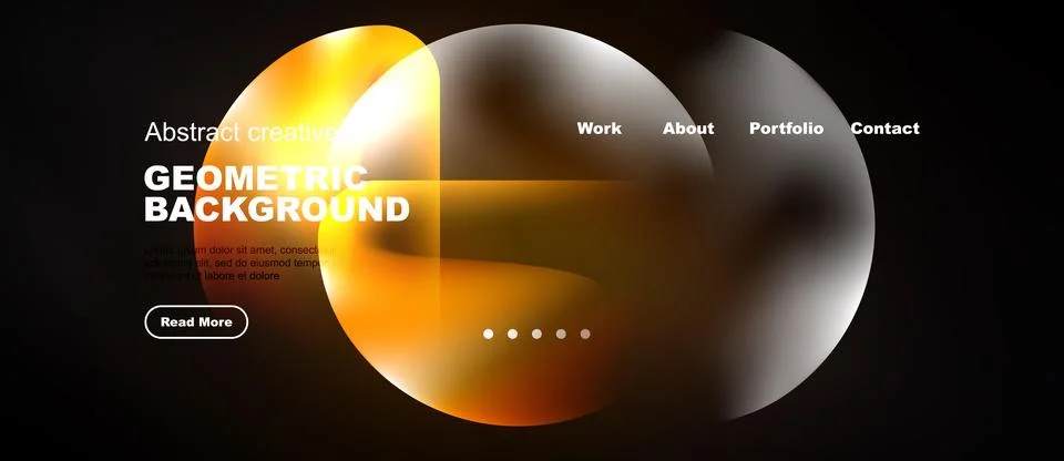 Dark background features abstract orange shapes, text elements, navigation .. Stock Illustration