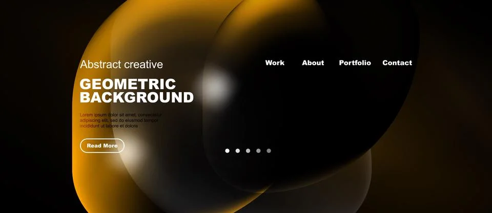 Dark background features abstract orange shapes, text elements, navigation .. Stock Illustration