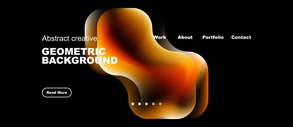 Dark background features abstract orange shape. White text displays website Stock Illustration