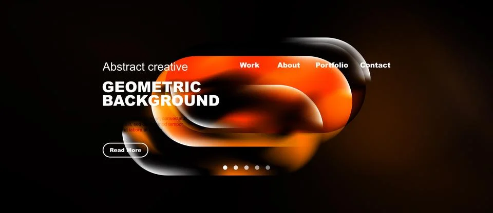 Dark background features abstract orange shapes, text elements. Website heade Stockillustratie