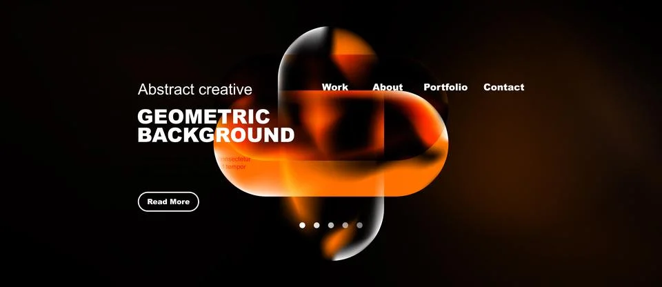 Dark background features abstract orange shapes, text elements, navigation .. Stock Illustration