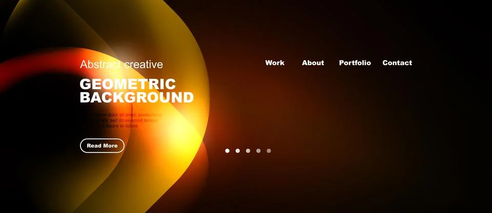 Dark background features abstract orange shapes, text elements, navigation .. Stock Illustration