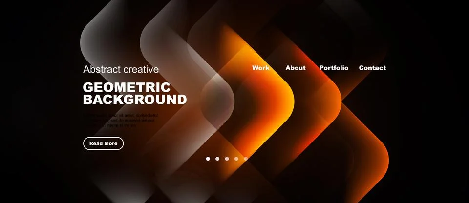 Dark background features abstract orange shapes. Text includes geometric Stock Illustration