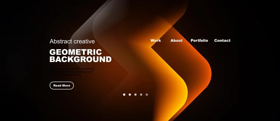 Dark background features abstract orange shapes. Website header includes Stock-Illustration