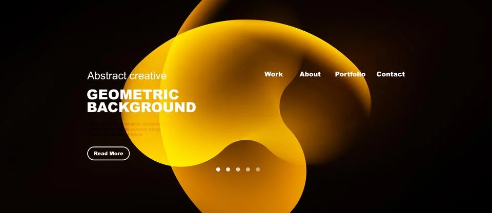Dark background features abstract orange shapes, text elements, navigation .. Ilustración de archivo