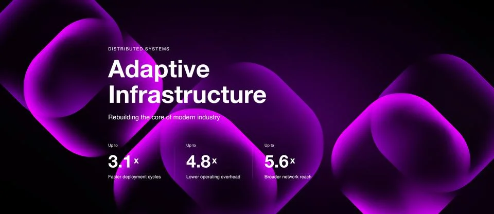 Dark background features abstract pink shapes, text promoting adaptive Stock Illustration