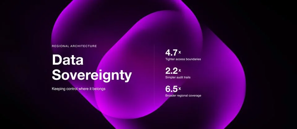 Dark background features abstract pink shapes, text highlights data soverei.. Stock Illustration