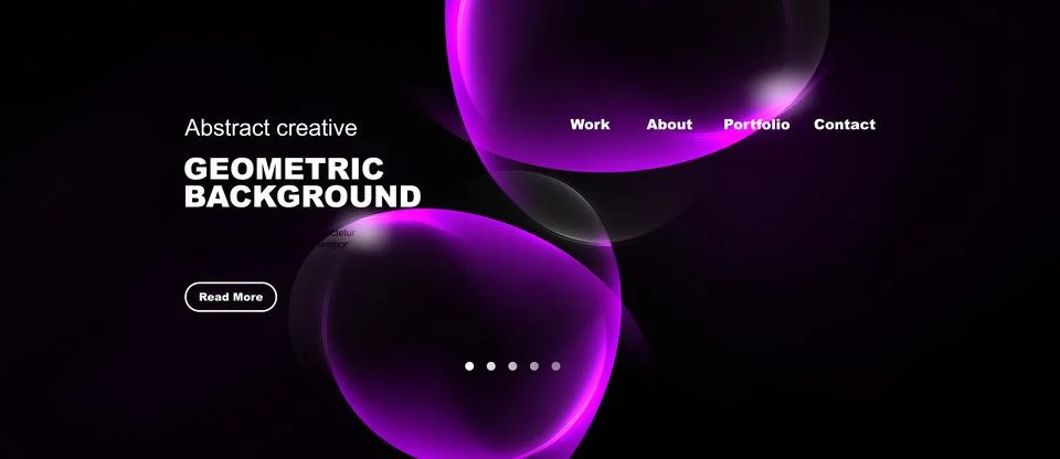 Dark background features abstract purple shapes, text elements, navigation .. Stock Illustration