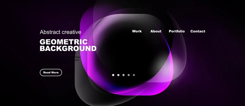 Dark background features abstract purple shapes, text elements, navigation .. 스톡 일러스트