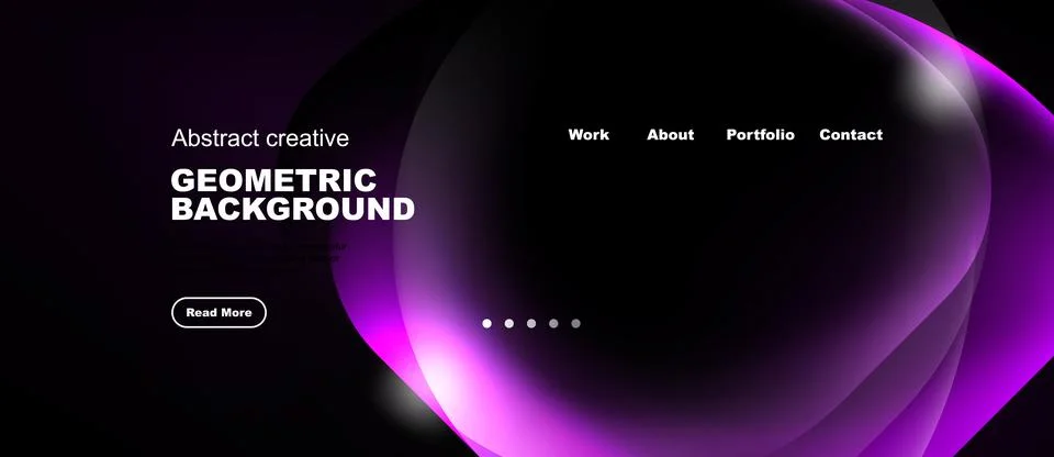 Dark background features abstract purple shapes, text elements, navigation Stock Illustration
