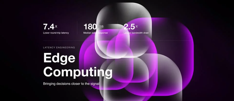 Dark background features abstract purple shapes, text highlighting edge Stock Illustration