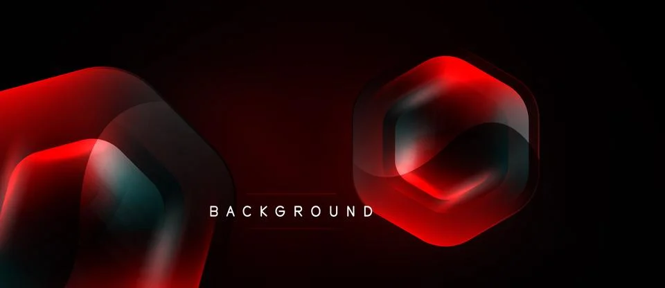 Dark background features abstract red shapes. Glossy effect creates modern, Stock Illustration