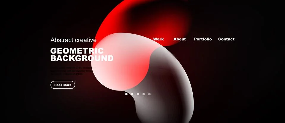 Dark background features abstract red shapes, text elements, navigation menu. Illustrazione stock
