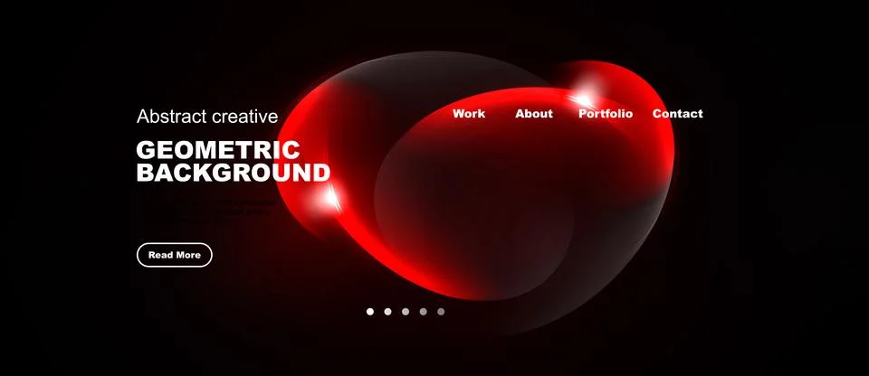 Dark background features abstract red shapes, text elements, navigation menu. Stock Illustration