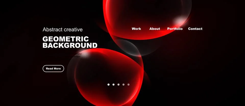 Dark background features abstract red shapes, text elements, navigation menu. Illustrazione stock