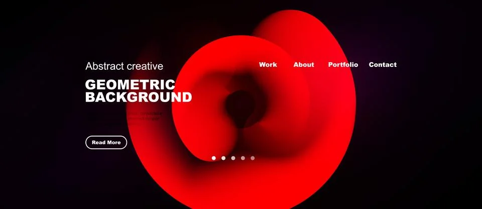 Dark background features abstract red shapes, text elements, navigation menu. Illustrazione stock