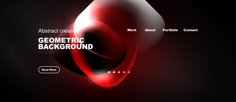 Dark background features abstract red shapes, text elements, navigation menu. Stock Illustration