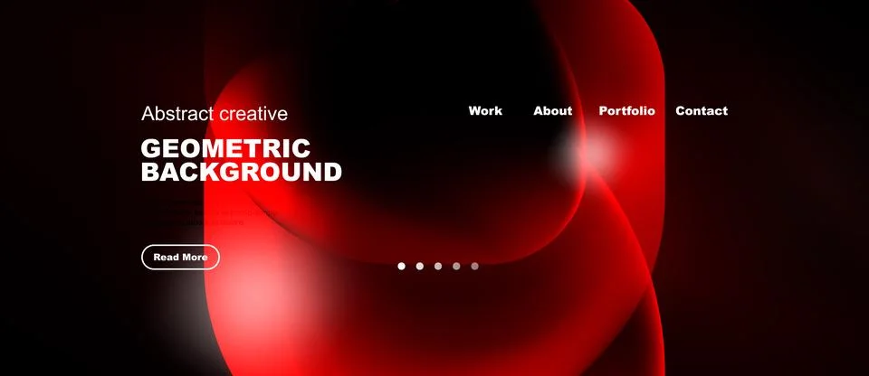 Dark background features abstract red shapes, text elements. Website header Stock Illustration