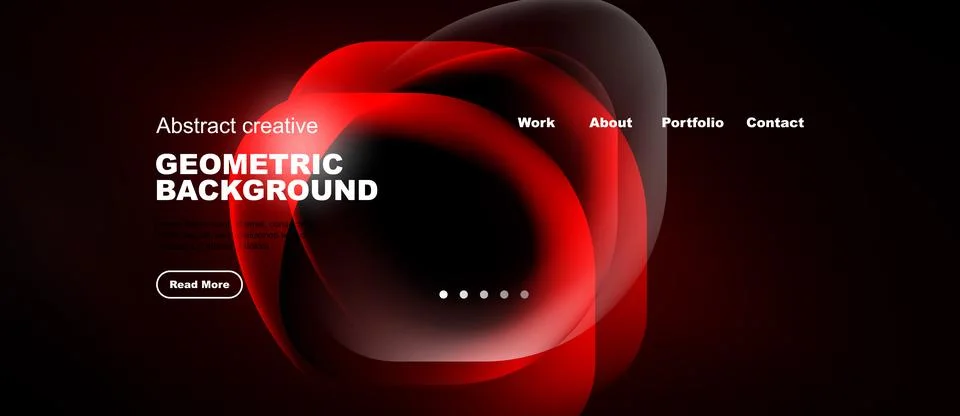 Dark background features abstract red shapes, text elements, navigation menu. Stock Illustration