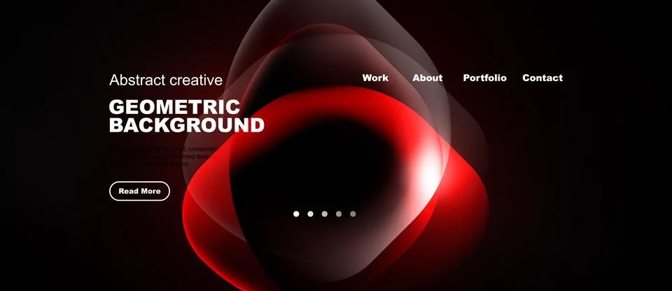 Dark background features abstract red shapes. Website navigation includes wor Illustrazione stock