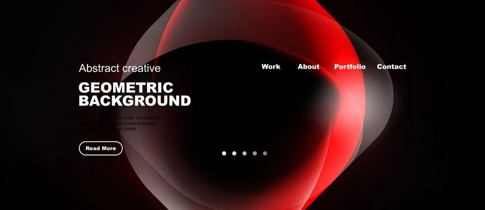 Dark background features abstract red shapes. Website navigation includes wor 스톡 일러스트