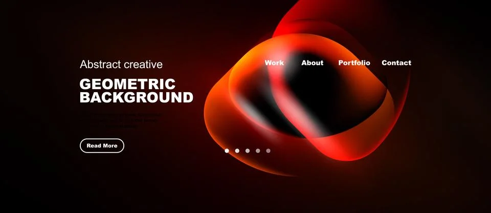 Dark background features abstract red shapes, text elements, navigation menu. Illustrazione stock