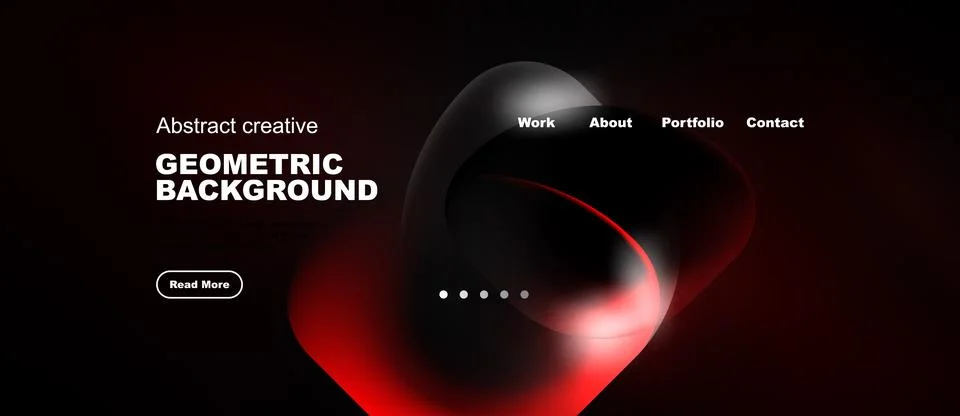 Dark background features abstract red shapes, text elements, navigation menu. Illustrazione stock