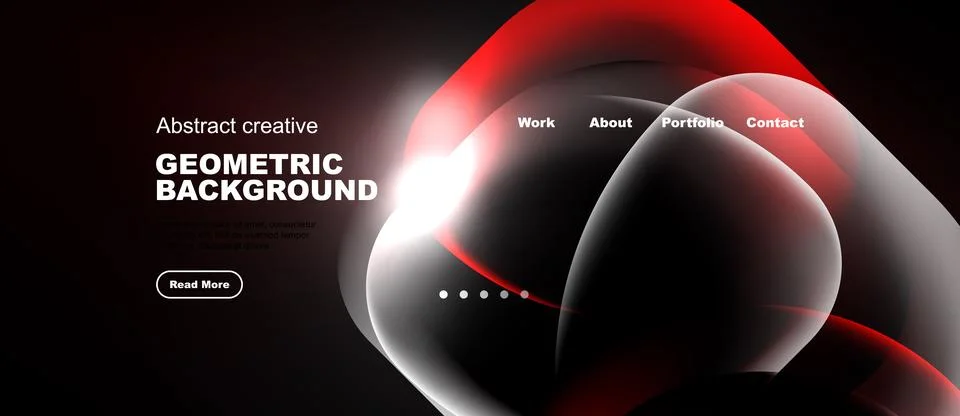 Dark background features abstract red shapes, text elements, navigation menu. Illustrazione stock