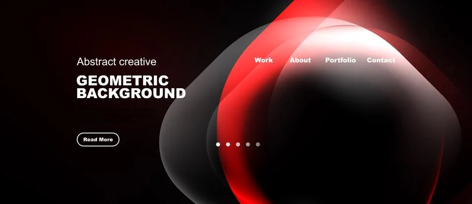 Dark background features abstract red shapes, text elements, navigation menu. Stock Illustration