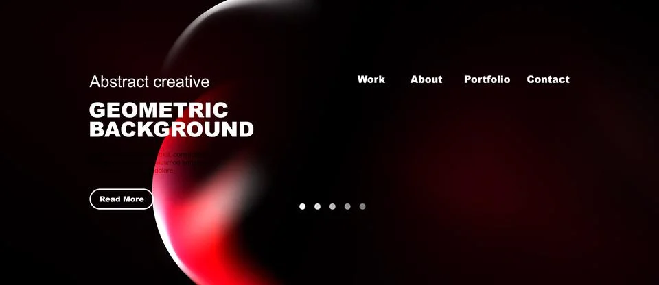 Dark background features abstract red shapes, text elements, navigation menu. Illustrazione stock