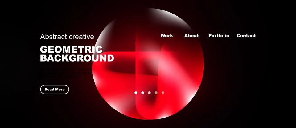 Dark background features abstract red shapes, text elements, navigation menu. Illustrazione stock