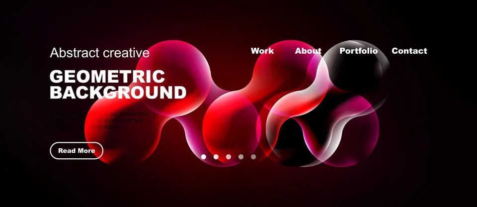 Dark background features abstract red shapes, text elements, navigation menu. Stock Illustration