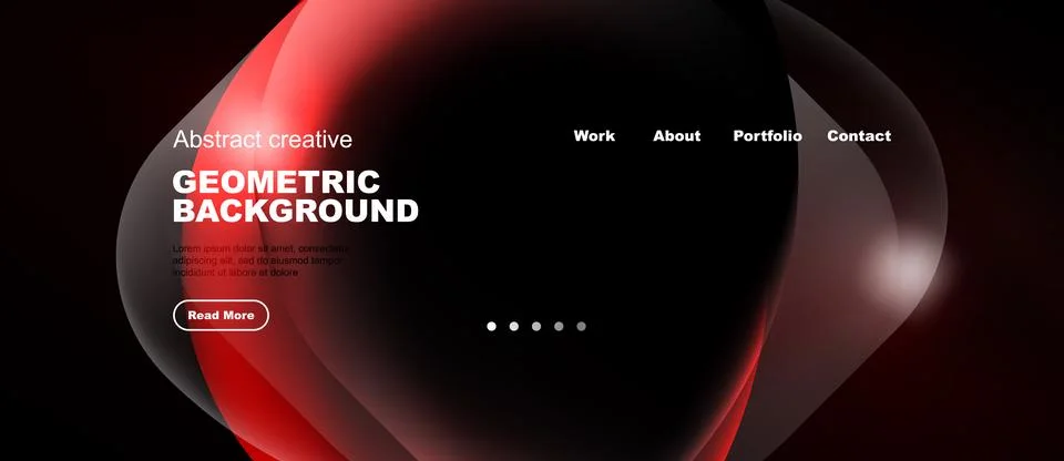 Dark background features abstract red shapes, text elements, navigation menu. Stock Illustration