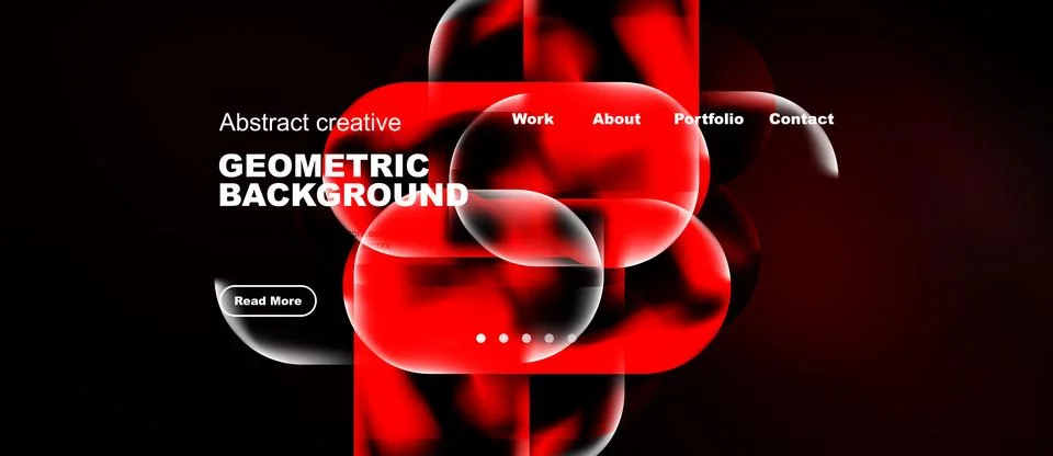 Dark background features abstract red shapes, text elements. Website mockup.. Stock Illustration
