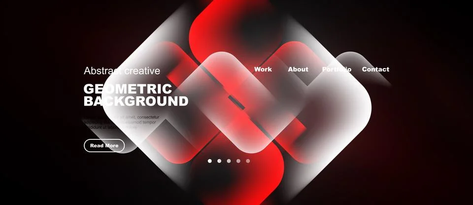 Dark background features abstract red shapes, text elements, navigation menu. イラスト素材