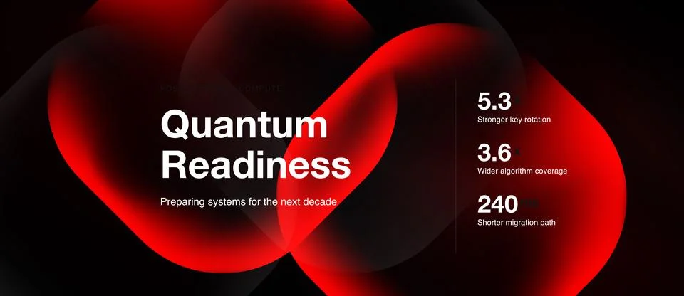Dark background features abstract red shapes, text highlights quantum readi.. Stock Illustration