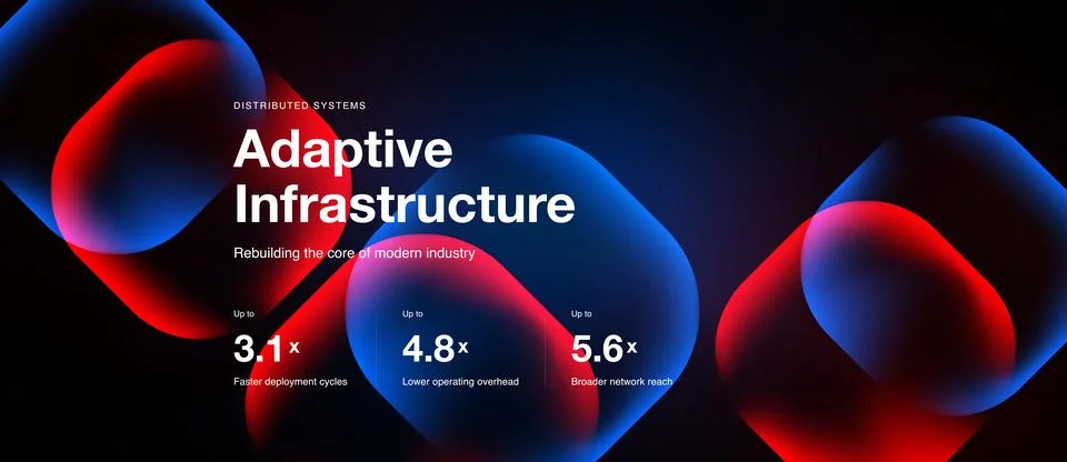 Dark background features abstract red, blue shapes. Text highlights adaptive Stock Illustration