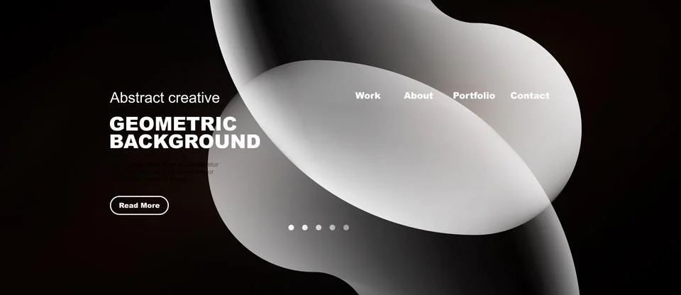 Dark background features abstract shapes, text elements, navigation options. Stock Illustration
