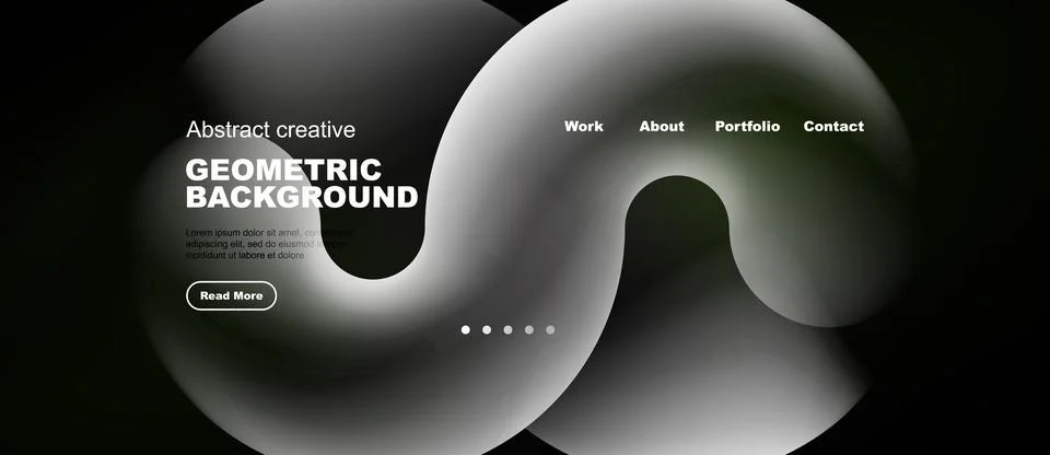 Dark background features abstract shapes, text elements, navigation menu. Stock Illustration