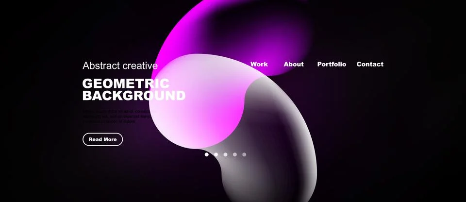 Dark background features abstract shapes, text elements, navigation menu. M.. Stock Illustration