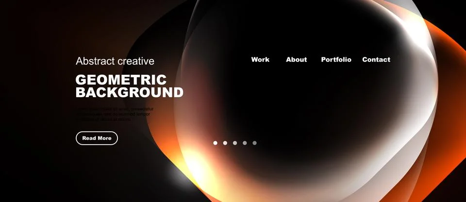Dark background features abstract shapes, text, navigation menu. Modern desig Stock Illustration