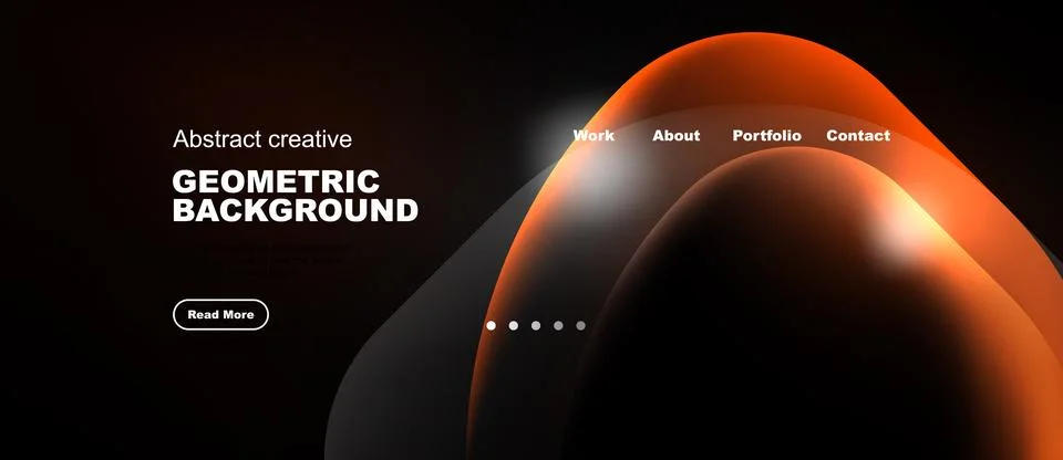 Dark background features abstract shapes, text elements, navigation menu. M.. Illustrazione stock